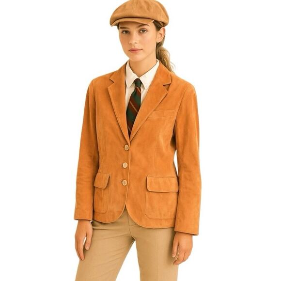 Vintage Y2K Anne Taylor Peach Orange Genuine Suede Fitted Jacket Large - Picture 4 of 13